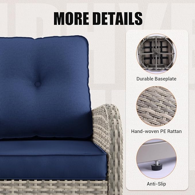 16-Piece Outdoor Patio Furniture Set with Rocking Swivel Chair, Wicker Rattan Sectional Sofa Conversation Set with 55,000 BTU Fire Pit Table with Ottomans, Backyard Furniture, Navy Blue