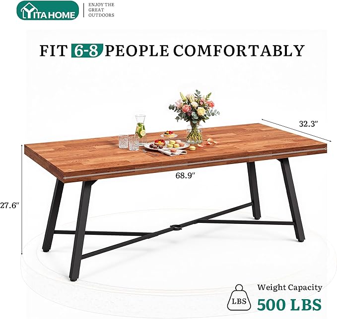 YITAHOME Acacia Wood Dining Table 68.9", Heavy Duty Rectangle Dinner Table with Metal Legs, Rustic Solid Wood Outdoor Table for 6-8 People, 500 LBS