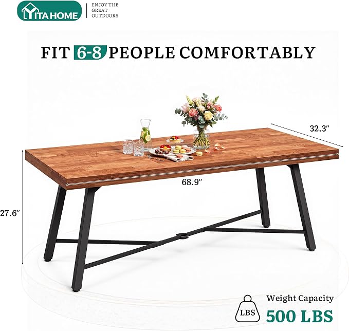 YITAHOME 68.9-Inch Rectangular Dinner Table, Solid Acacia Wood Dining Table with Metal Frame, Heavy Duty Outdoor Wood Rectangle Table for Patio, Garden, 500 LBS Capacity