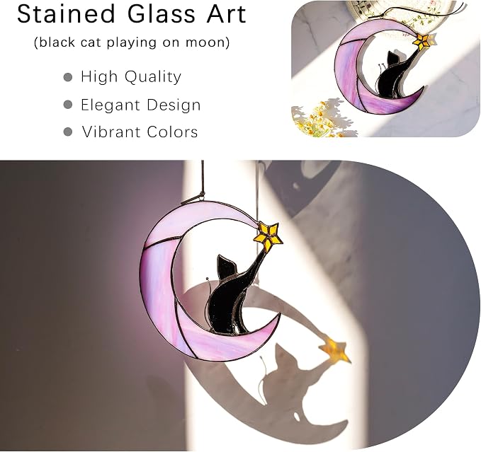 6.5'' Stained Glass Window Hanging Suncatcher-Black Cat on Purple Moon | Wall Art Glass Window Panel Sun Catcher,Halloween Decoration,Memorial Gift for Lover Cat Loss Women