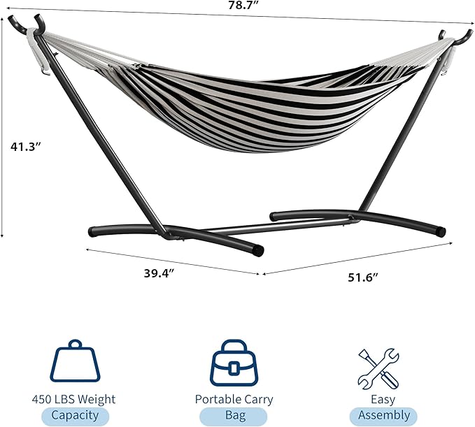 GarveeLife Double 2 Person Hammock, Indoor Outdoor Standing Hammock with Space Saving Steel Stand, Carry Bag, 450 LBS Weight Capacity, Suitable for Garden Camping Beach, Black