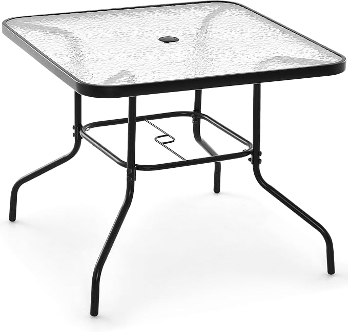 Giantex 34 Inch Outdoor Dining Table, Square Tempered Glass Table w/ 1.5” Umbrella Hole, Rustproof Metal Frame, Patio Dining Table for Balcony, Porch, Garden
