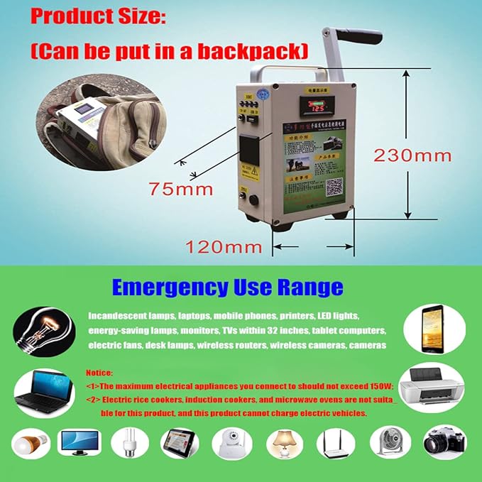 150W Outdoor Emergency Generator, Portable Hand Crank Generator,110v /220v DC12V USB 5V Small Power Supply,for Emergency,Camping,Sudden Power Outages,150W-220V