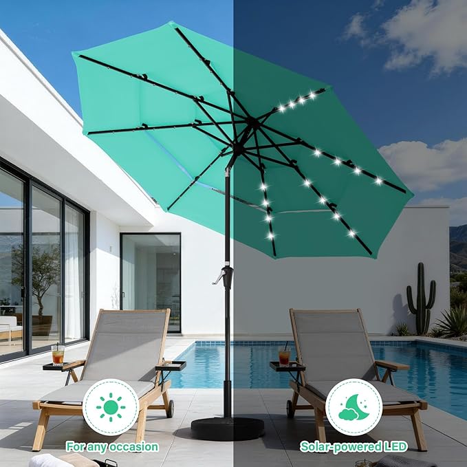JEAREY 3 Tiers Patio Umbrella with Solar Lights 9ft Outdoor Market Table Umbrellas with Push Button Tilt for Outside Pool Garden, Peacock Blue