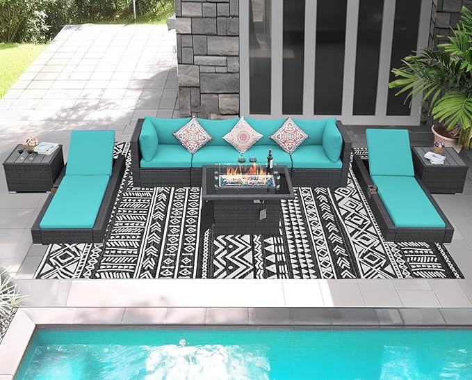 NICESOUL 9 Piece Outdoor Patio Furniture Set with Fire Pit, Modern Backyard Sectional with Chaise Lounge, Cozy 29.3'' High-Back Outside Seating Sofa, All-Weather Wicker Couch for Garden, Grey & Teal