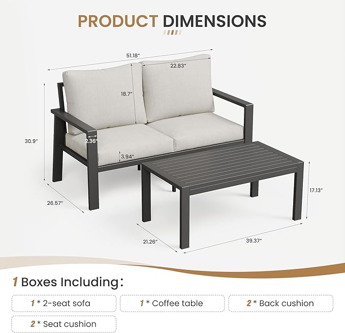 Aluminum Outdoor Loveseat with Coffee Table Small Furniture Patio Love Seat Couch Outdoor Chairs with 4" Cushion Loveseats Sofa for Poolside,Balcony,Deck,Yard