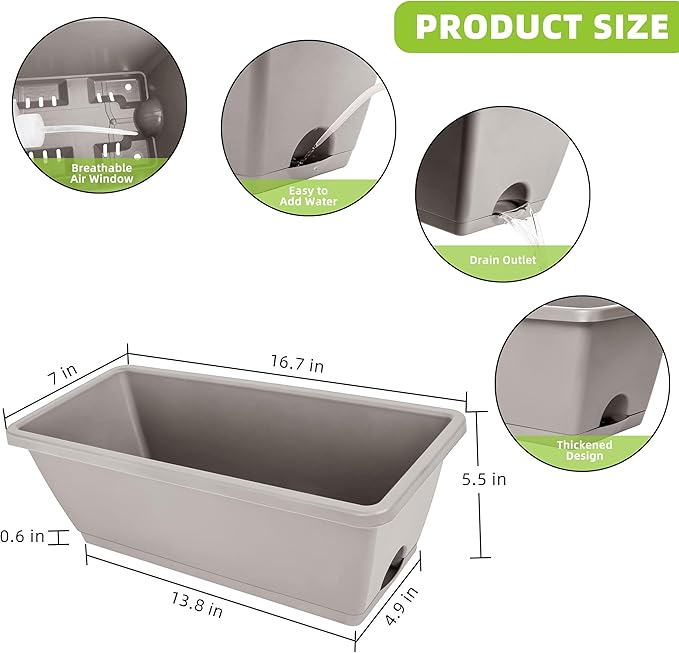 LOCONHA Window Box Planter, Plastic Vegetable Flower Planters Boxes 17 Inches Rectangular Flower Pots with Saucers for Indoor Outdoor Garden, Patio, Home Decor (12, French Grey)