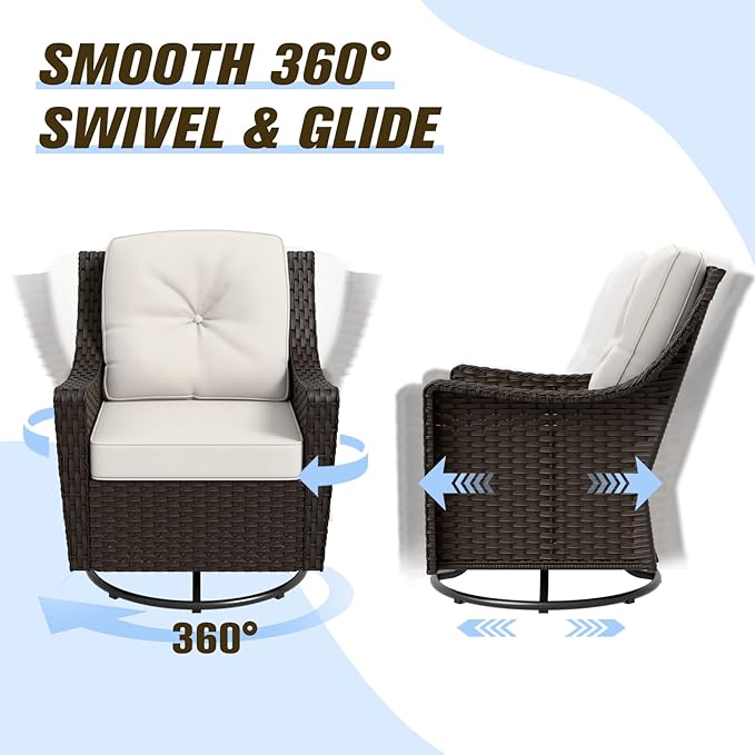 Stone Creek Outdoor Furniture Set with Swivel Rocking Chairs, Side Table & Ottomans, Wicker Patio Conversation Set, Balcony Furniture, 5 Piece, Brown/Beige