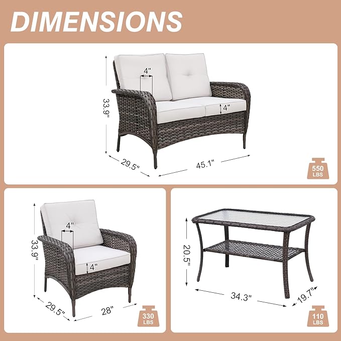 COOS BAY Vintage Courtyard Patio Furniture Set, Wicker Outdoor Furniture, Patio Conversation Sets, 2 Chairs, Loveseat and Coffee Table, 4 Pieces, Gray/Beige