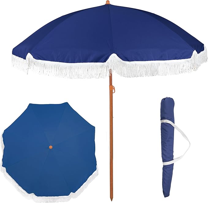 6 Ft Fringe Patio Umbrella - Outdoor Umbrella for Patio, Pool, Table, Garden, Deck, Beach, and Outdoors - Fashionable Boho Vintage Tassels & Wood Print - Push Button Tilt Pole