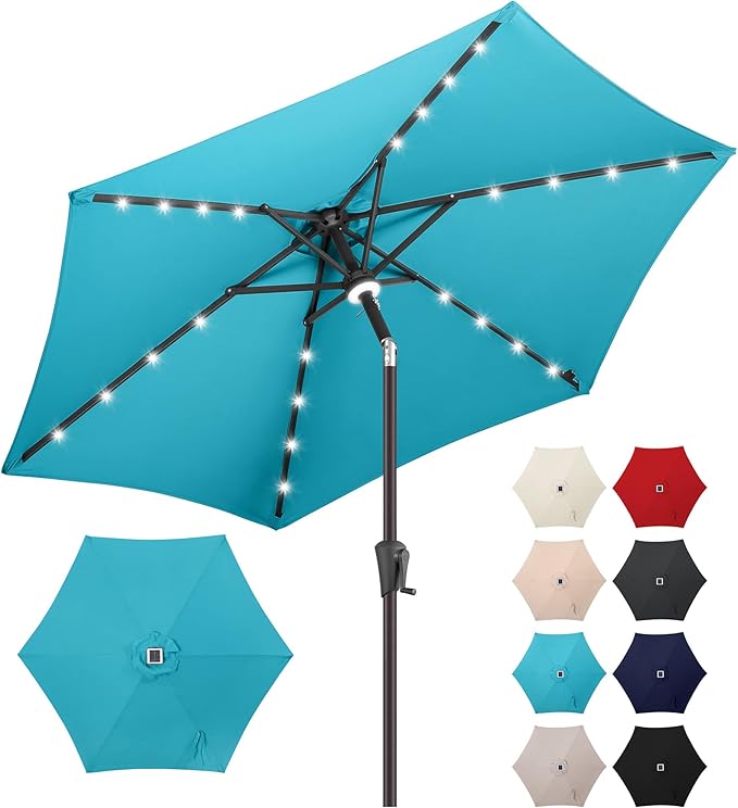 Jarka&Co 7.5ft Solar Patio Umbrella - Lighted Solar Outdoor Umbrella with 24 LED Lights Waterprool UV Protection, Market Table Umbrella with Tilt for Backyard, Garden, Pool, Porch (Aqua Blue)