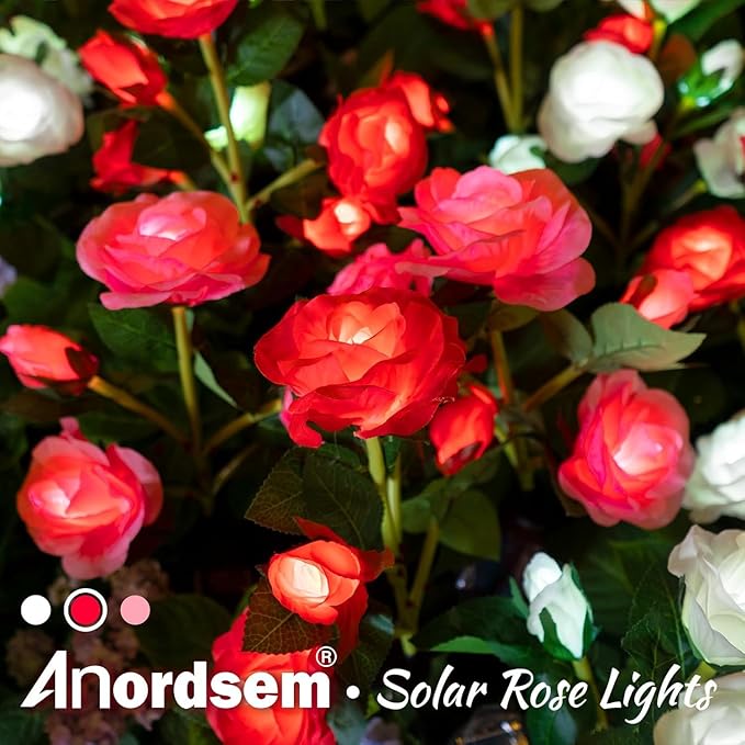 Anordsem Solar Garden Lights Outdoor: 20 Artificial Fabric Red Roses Flowers 4 Pack- LED Flower Decorations for Cemetery Grave Pathway Yard- Mothers Day Gifts for Women, Wife and Mother