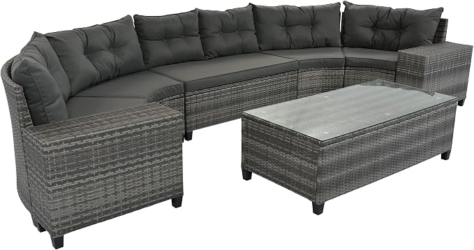 8-pieces Outdoor Patio Half-Moon Sectional Sofa Sets With Rectangular Coffee Table, All Weather PE Rattan Wicker Curved Sofa Set, Water-resistant and UV Protected Conversation Sets (Gray 8-piecesr)