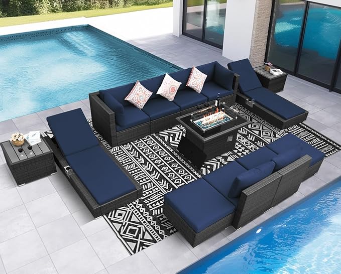 NICESOUL 13 Piece Patio Sectional w/Fire Pit, Modular Wicker Outdoor Couch w/Chaise Lounge, Large Size 29.3'' High-Back Deep Conversation Seating, All-Weather Backyard Movie Furniture, Grey & Blue