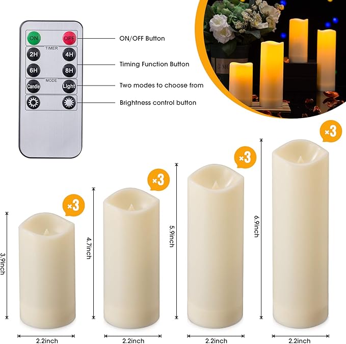 Enpornk Waterproof Flickering Flameless Candles, Set of 12 Battery Operated Candles (D2.2'' x H4''5''6''7"), Outdoor Indoor Candles with 10-Key Timer Remote, Long Lasting