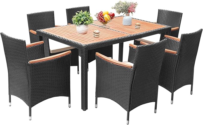Greesum 7-Piece Outdoor Patio Dining Set, Table and Rattan Chairs with Curved Wooden Armrests and Cushions, Black