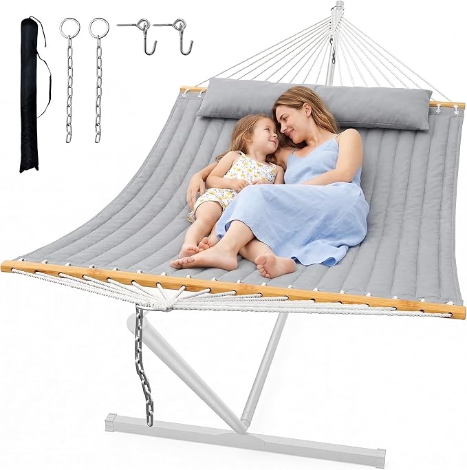 Double Quilted Outdoor Hammock for 2 Adults, 500lb Capacity Backyard & Camping Hammock with Pillow and Bamboo Spreader Bar, Fits 11–15ft Hammock Stands (Stand Not Included),Dark Gray