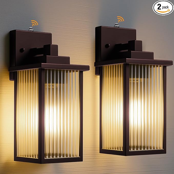 2-Pack 13" Bronze Dusk to Dawn Wall-Mounted Exterior Light Fixtures | Auto On and Off, Anti-Rust Metal Frame, Tempered Glass, E26 Socket, Easy DIY Install on Porch, Garage