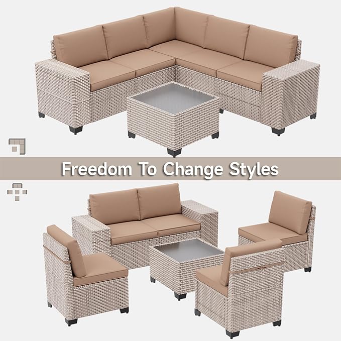 6-Piece Outdoor Patio Furniture Set, Modular Sectional Sofa Set with Glass Coffee Table and Cushions, Wicker Outdoor Couch Conversation Sets, Khaki