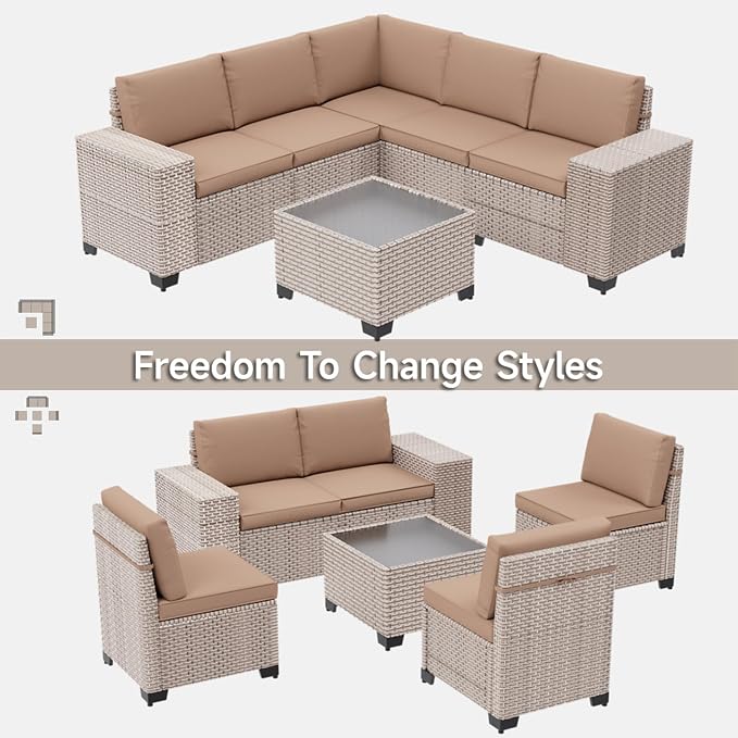 12-Piece Outdoor Patio Furniture Set, Modular Sectional Sofa Set with Glass Coffee Table and Cushions, Wicker Outdoor Couch Conversation Sets, Khaki