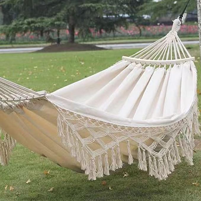 Backyard Hanging Hammock with Tassels, 500lb Load Capacity, Single Double Size 102x59in - Lightweight Foldable Outdoor Cotton - Polyester Blend for Garden, Patio, Camping Relaxat (White)