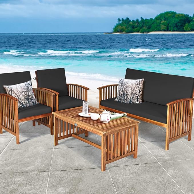 Tangkula 8 PCS Outdoor Acacia Wood Sofa Set with Water Resistant Cushions, Padded Patio Seating Chat Set w/Coffee Table for Garden, Backyard, Poolside (2, Black)