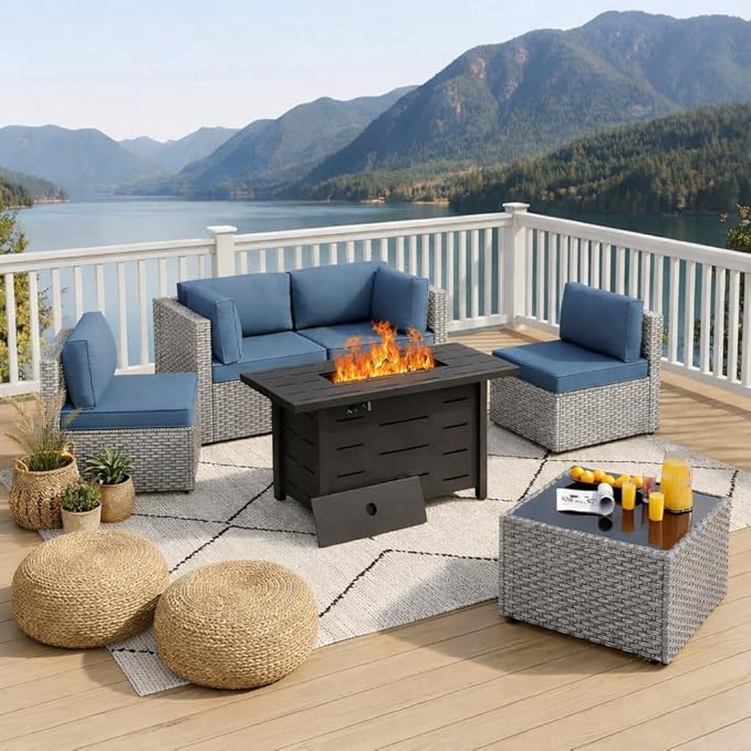 SUNLEI 5 Piece Outdoor Patio Furniture Set with Fire Pit Table, Silver PE Rattan Wicker Conversation Sofa Set with Blue Cushions, All Weather Sectional Patio Couch for Backyard, Deck, Garden, Porch