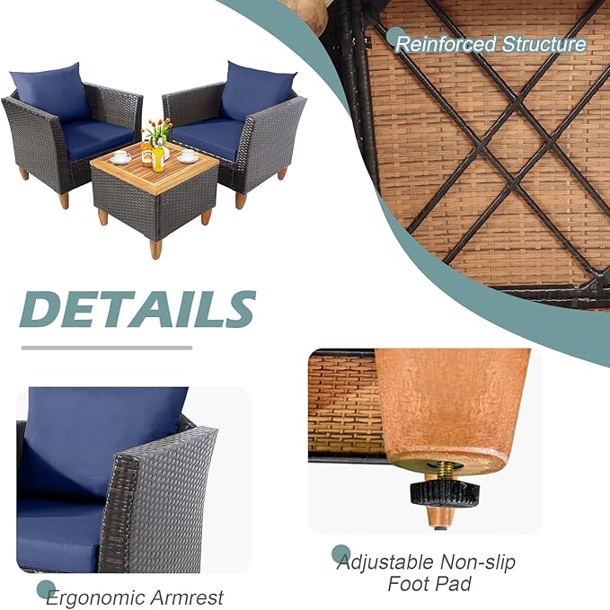 Tangkula 3-Piece Patio Furniture Set, Patiojoy Outdoor PE Wicker Bistro Set with Soft Cushions and Solid Acacia Wood, Outdoor Conversation Set with Porch, Balcony and Garden (Navy)