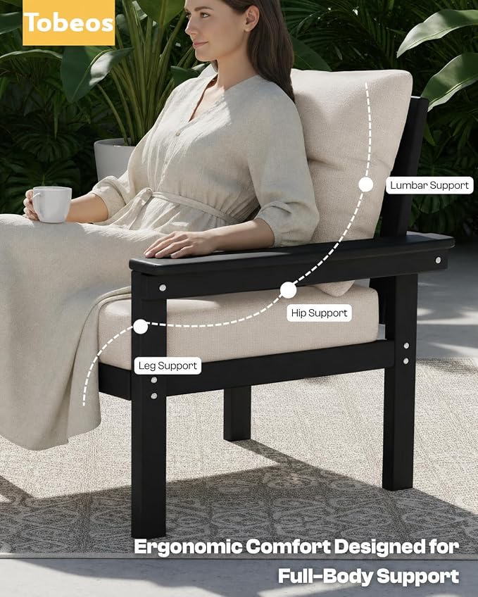 HDPE 4 Piece Patio Furniture Set, All-Weather Outdoor Couch with Thick Cushions & Coffee Table & Side Table, Patio Conversation Sets for Lawn, Garden, Porch, Balcony, Deck, Poolside,Black Beige