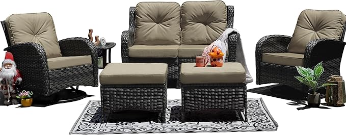 Patio Furniture Conversation Set with Ottomans, 6 Piece Wicker Patio Swivel Rocking Chairs with 360° Swivel Glider and Glass Coffee Table for Porch, Deck, Garden,Beige