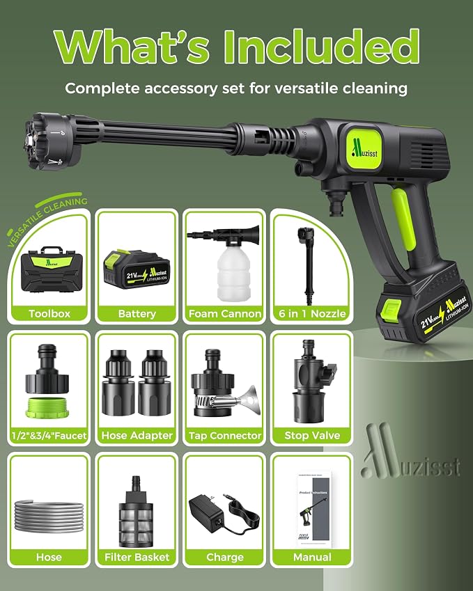 Cordless Car Washer, 1250PSI, Portable Cleaning Tool with 6-in-1 Nozzle, Self-Priming from Bucket, Hose or Tap, Battery Powered for Car, Patio & Garden Cleaning