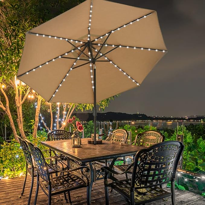 EliteShade USA 10-Year-Non-Fading 9ft Market Patio Umbrella, Commercial Grade Table Sun Umbrella with 80 Solar LED Lights, Crank Open, Windproof & UPF 50+ UV Protection for Garden, Deck, Pool, Backyard, Heather Beige