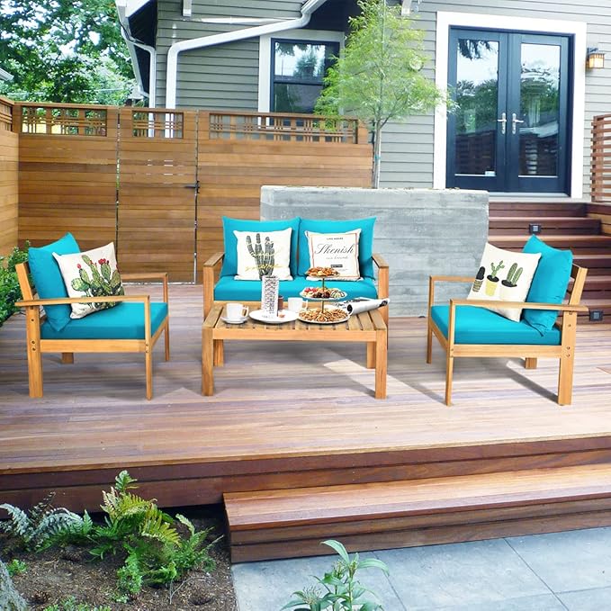 COSTWAY 4 Pieces Outdoor Acacia Wood Sofa Set, Outdoor Conversation Sofa Set with Table & Cushions Porch Chairs for Garden, Patio, Deck
