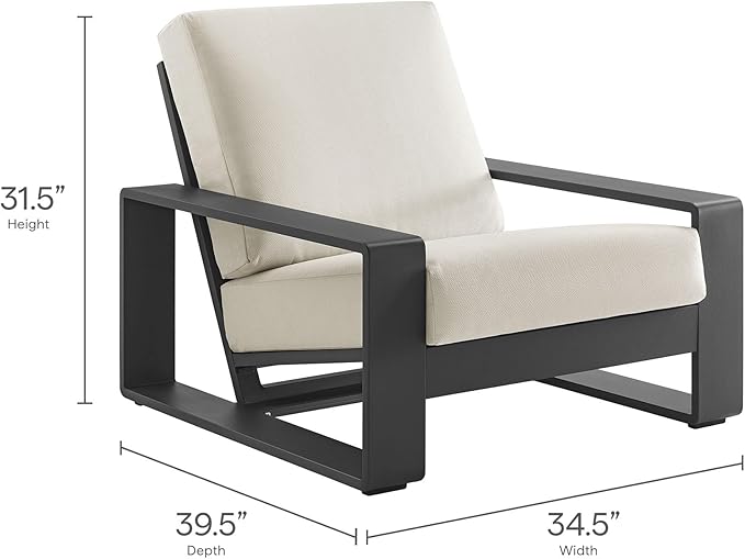 Modway Lirienne Aluminum 4-Piece Outdoor Furniture Set in Cream – Patio Conversation Set with 3-Seater Sofa, 2 Armchairs & Coffee Table