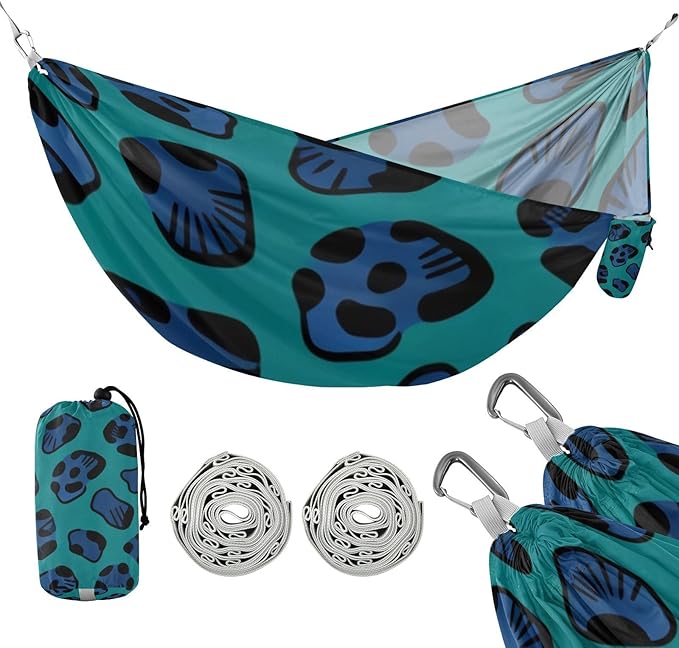 Blue Leopard Print Camping Hammocks Fabric Hammock for Outside Patio Backyard Poolside