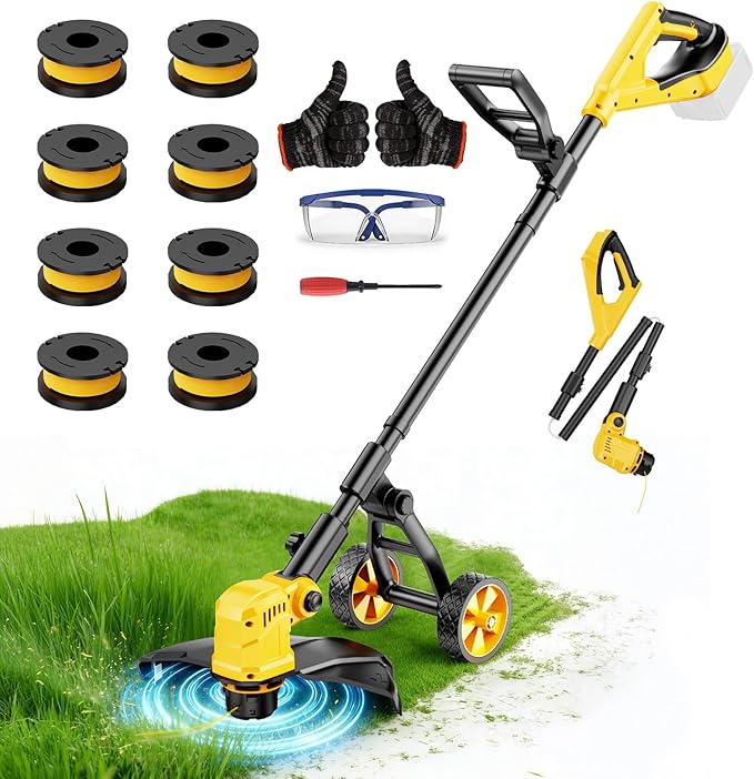 Cordless String Trimmer for Dewalt 20v Battery Powered(No Battery),3-in-1 Cordless Grass Trimmer Electric Weed Wacker Lawn Edger, Weed Eater Cordless Weed Trimmer with Wheel & 8 Spool (Yellow)