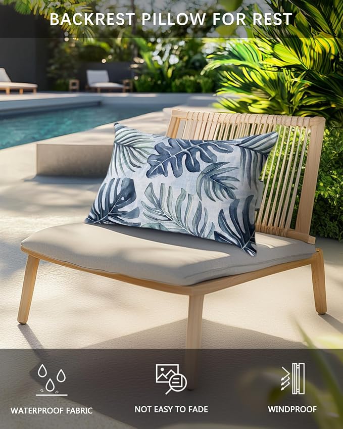 Pack of 4 Outdoor Lumbar Pillow Covers 12x20 Inch, Navy Blue Monstera Deliciosa Waterproof Throw Pillow Covers Set, Summer Botanical Tropical Decorative Cushion Cases for Patio Porch Car