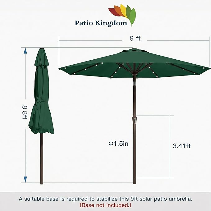 9FT Solar Umbrella 32 LED Lighted Patio Umbrella Table Market Umbrella w/Tilt and Crank, UV-Resistant Outdoor Umbrella for Pool, Garden, Deck, Forest Green