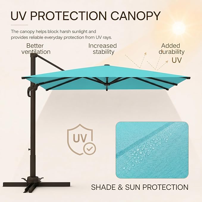Kingdura 9' X 9' Cantilever Patio Umbrella with Base Included, Large Square Outdoor Offset Umbrella with 360-degree Rotation, 4 Position Tilt, UV Protection for Pool Deck Garden Patio (Peacock blue)
