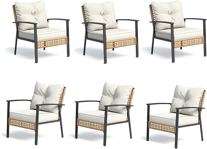 LAUSAINT HOME Outdoor Rattan Bistro Set, Patio Furniture Wicker Chairs Set of 6 with Deep Seating and Thick Cushions, Oversize Conversation Set for Garden, Balcony and Backyard (Beige)