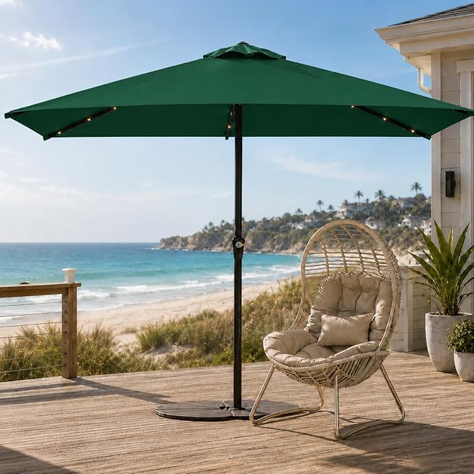 6.5 x 10ft Rectangular Patio Umbrella with Solar Lights, 16 LED Lighted Market Umbrella with Push-Button Tilt and Crank, 6 Sturdy Iron Ribs for Garden, Deck, Pool, Forest Green