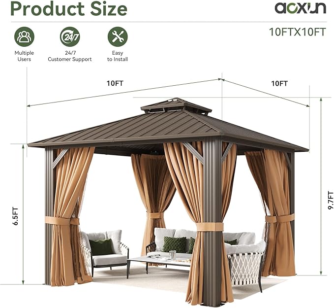Aoxun 10’x10’ Outdoor Gazebo, Heavy Duty Canopy Pavilion with Ventilated Double Roof, Patio Pergola with Netting and Curtains for Backyard, Garden (Brown)