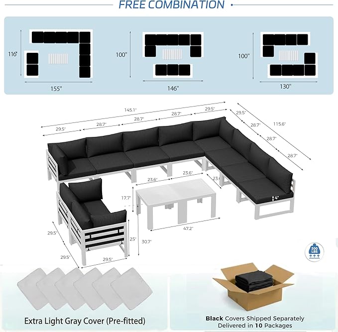 NICESOUL 12 Piece Modern Aluminum Outdoor Patio Furniture Set with Coffee Table, Extra Large L Shaped Modular Sectional Couch, 29" Wide Deep Seating Conversation Sofa for Terrace Exterior, Black