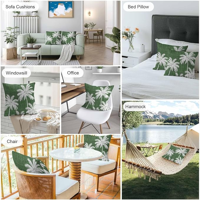 Outdoor Pillow Covers 24x24 Inch Set of 2, Dark Green Palm Trees Waterproof Throw Pillow Covers, Farmhouse Tropical Summer Beach Decorative Cushion Pillowcases for Couch, Sofa, Bed, Garden, Patio