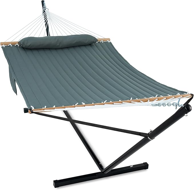 2 Person Hammock with Stand for Outside, Heavy Duty Steel Stand, Double 55inch Hammocks, Large Removable Pillow, Storage Bags, Max 475 lbs Capacity (Mist Green)