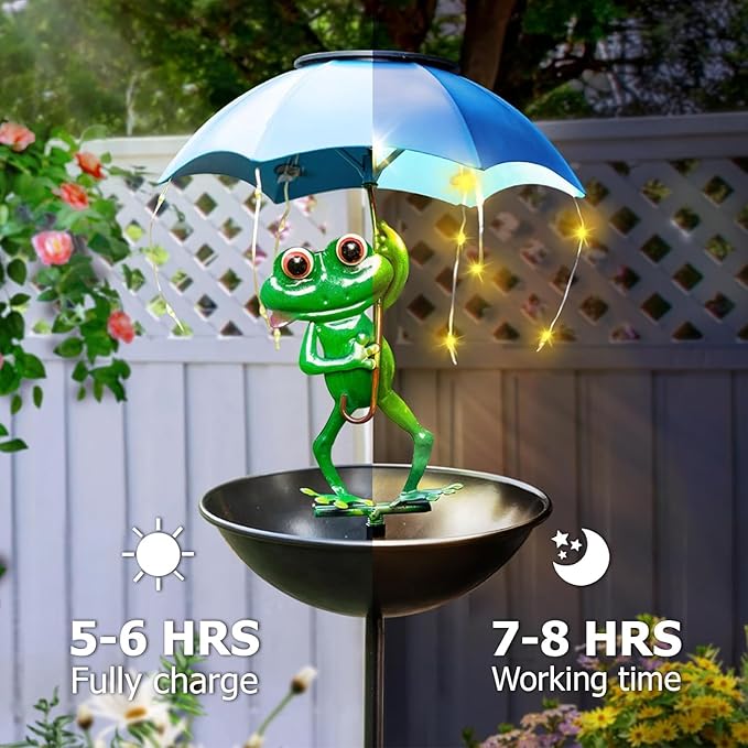 Solar Bird Feeder Frog Garden Decor, Outdoor Solar Lights with Umbrella, Hummingbird Feeder Decorative Path Lights Yard Art Ornament Bird Feeder (Frog)