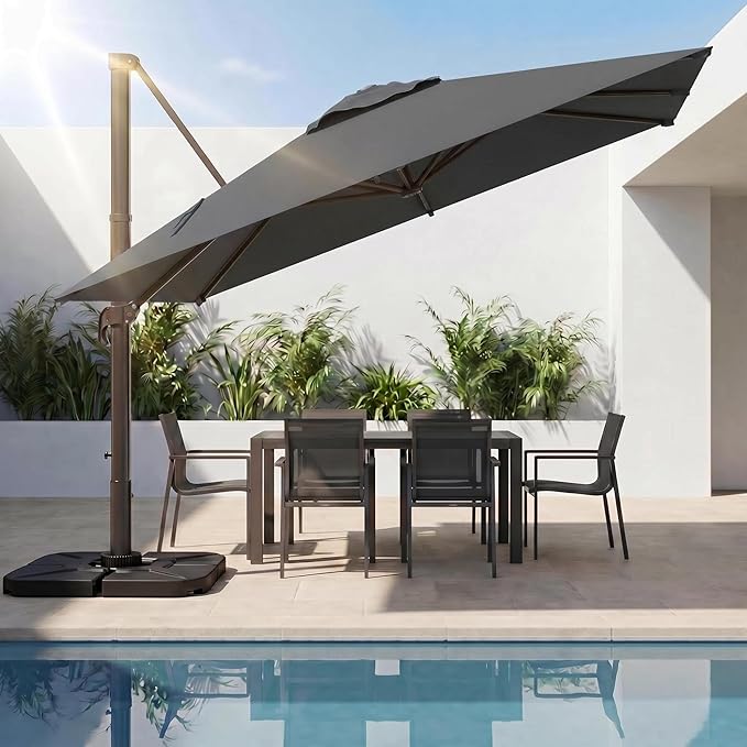 Kingdura 10x10 FT Cantilever Patio Umbrella with Base Included, Large Square Aluminum Offset Outdoor Pool Umbrella, 360° Rotation & 4-Position Tilt, UV Protection for Deck Backyard (Grey)