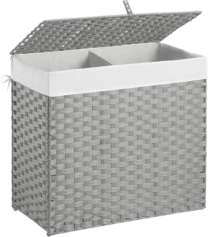 Outdoor Wicker Laundry Hamper with Lid,130L Foldable Laundry Basket with Removable,Machine Washable 2-Section Liner and Handles,Handwoven Gray Rattan Hamper for Organization and Storage