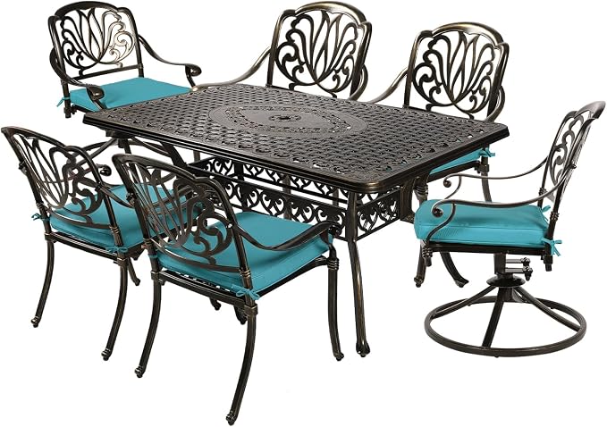 MEETWARM 7-Piece Outdoor Patio Dining Set, All-Weather Cast Aluminum Patio Conversation Set with 2 Swivel Rocker Chairs, 4 Stationary, 1 Rectangular Table, 6 Cushions, 2" Umbrella Hole, Ocean Blue