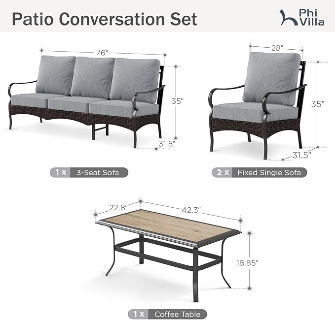 PHI VILLA Outdoor Modern Patio Furniture Set, Upgraded Wicker & Metal Patio Furniture Conversation Set with Waterproof Thick Cushions for Porch, Poolside, Yard (4 Pieces,Grey)